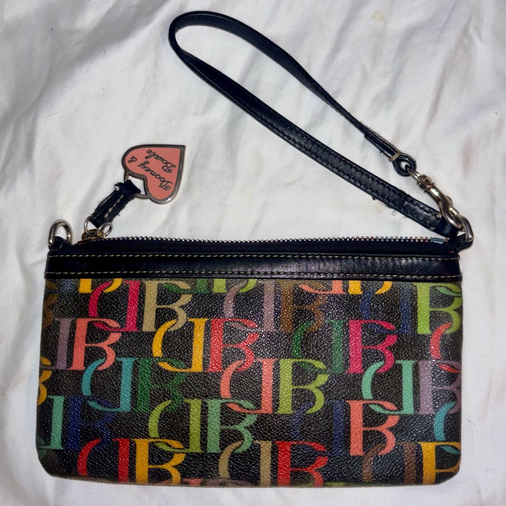 Dooney & Bourke Black Multicolor Logo 2-Way Wristlet With Pink Heart Tag Charm